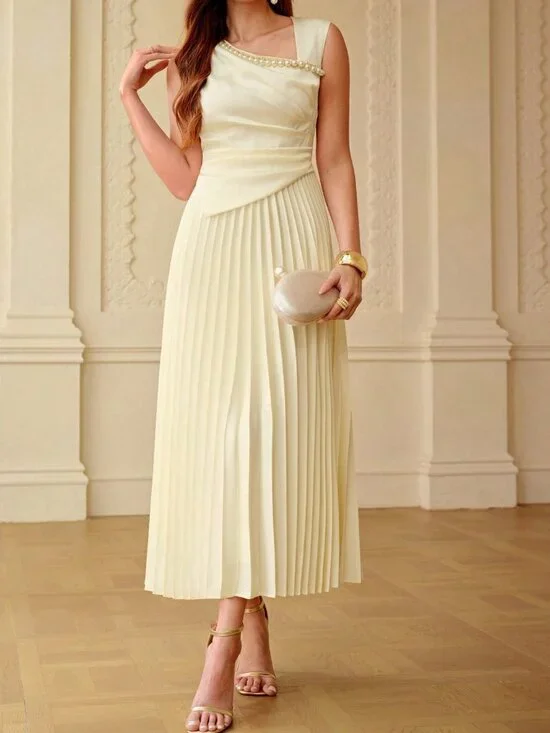 Apricot Elegant Women's Waist Cinching Ruched Pearl Chain Decor Maxi Dress - Picture 3 of 6